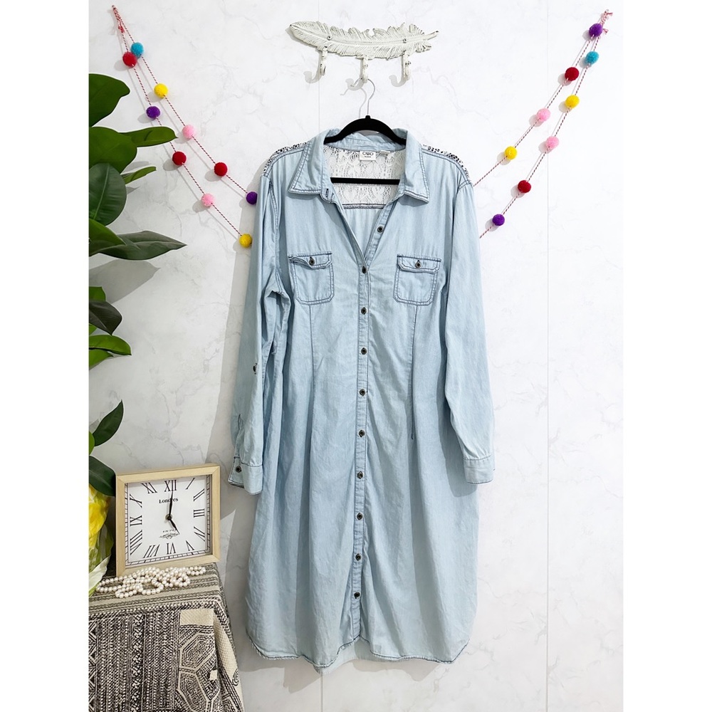 Cato 22/24W Light Wash Chambray Lace Back Long Sleeve Shirt Dress